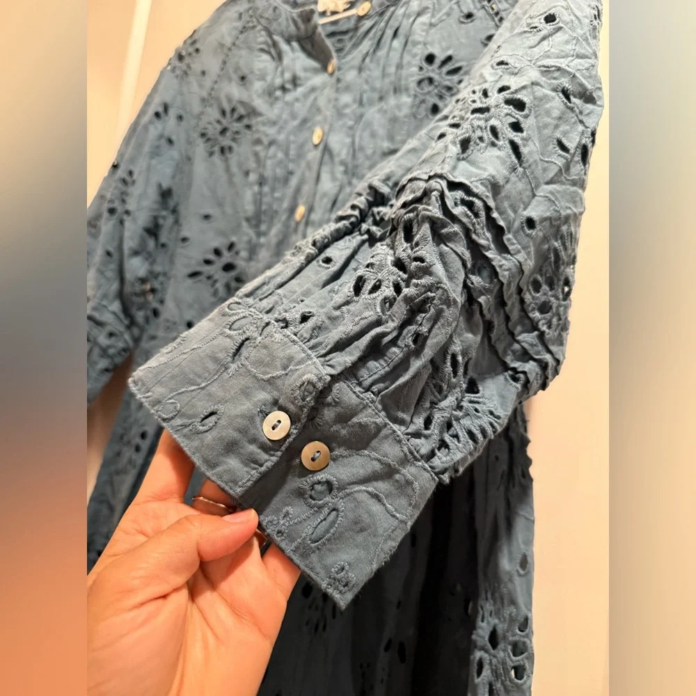 Anthropologie dRA Yara Draped‎ Blue Eyelet Blouse Mini Dress Size Small
